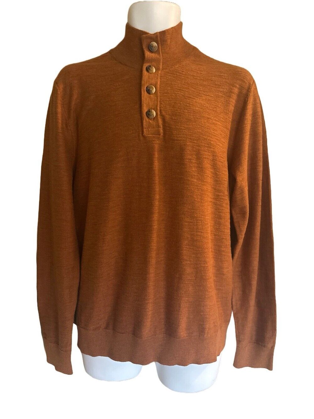New Alesbury Men's M Riverside Button Mock-neck Burnt Orange Cotton Sweater